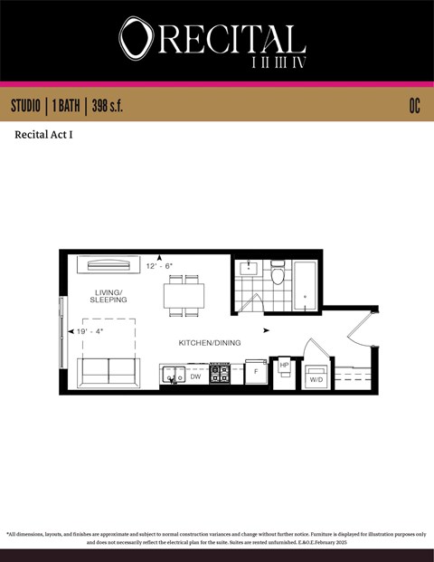 Floor plan for studio, 1 bath, 398 sqft
